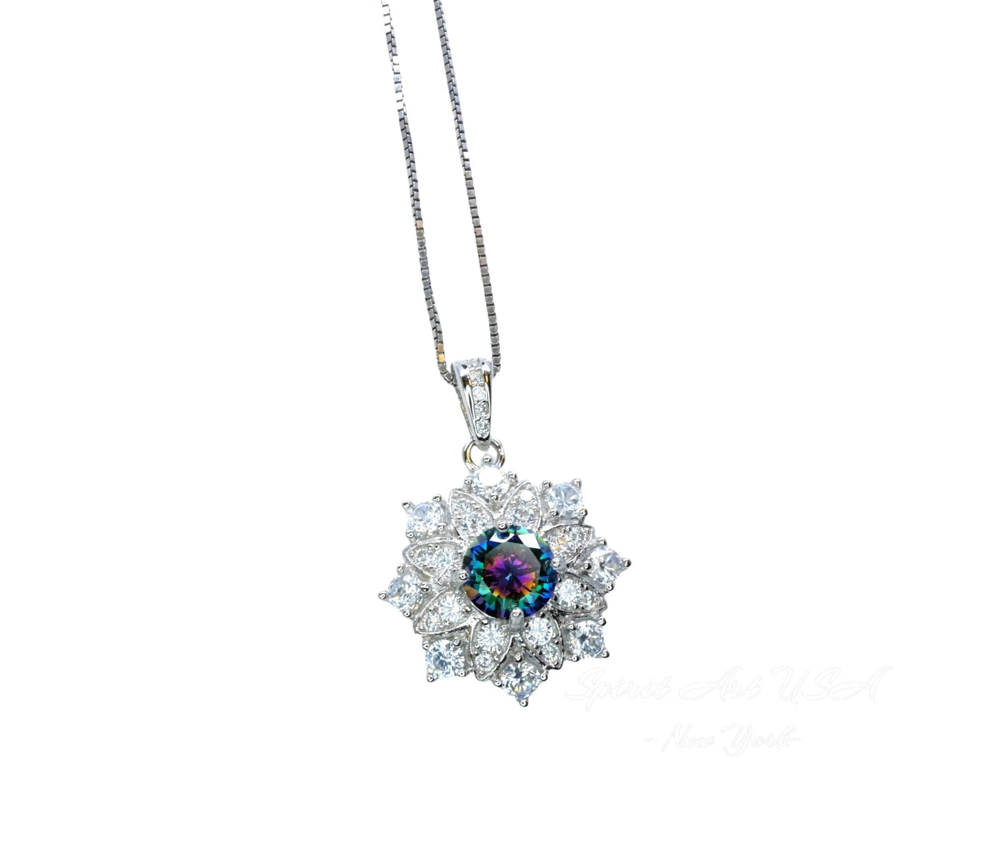 Mystic Topaz Necklace - Gemstone Snow Flower Pendant - Sterling Silver Round 6mm Mystic Topaz Pendant - 18KGP Double halo style #497