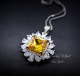 Yellow Moissanite Gemstone Necklace - Halo Square 7 CT Yellow Gemstone Pendant - November Birthstone-18KGP 925S #874