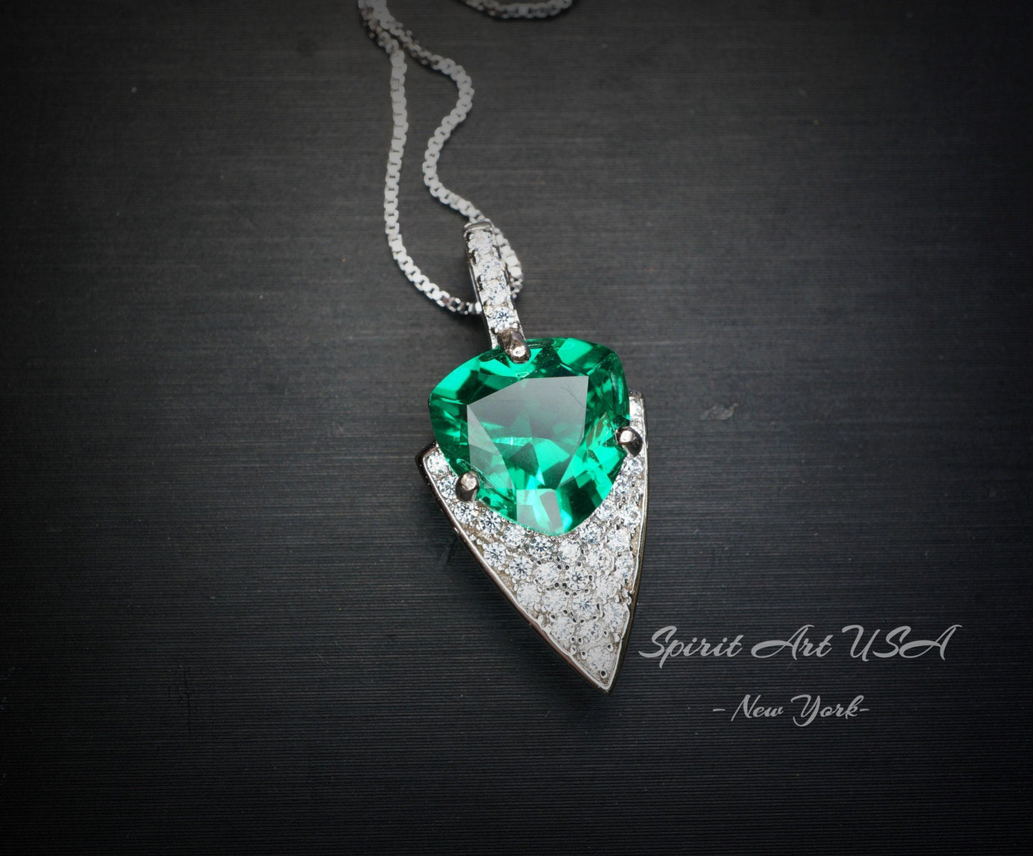 Large Trillion Cut Emerald Necklace - 18KGP Sterling Silver - Protective Queen's Guard Sword - May Birthstone #763