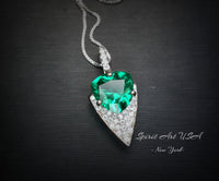 Large Trillion Cut Emerald Necklace - 18KGP Sterling Silver - Protective Queen's Guard Sword - May Birthstone #763
