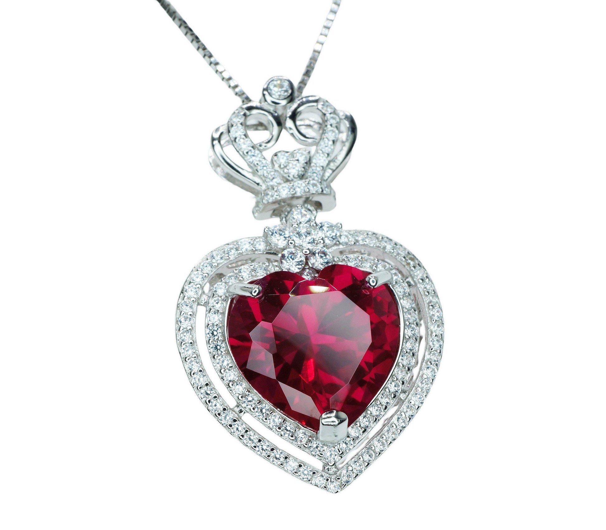 Large Halo Heart Ruby Necklace, Large Sterling Silver Royal Crown 7 CT Lab Created Red Ruby Pendant #811