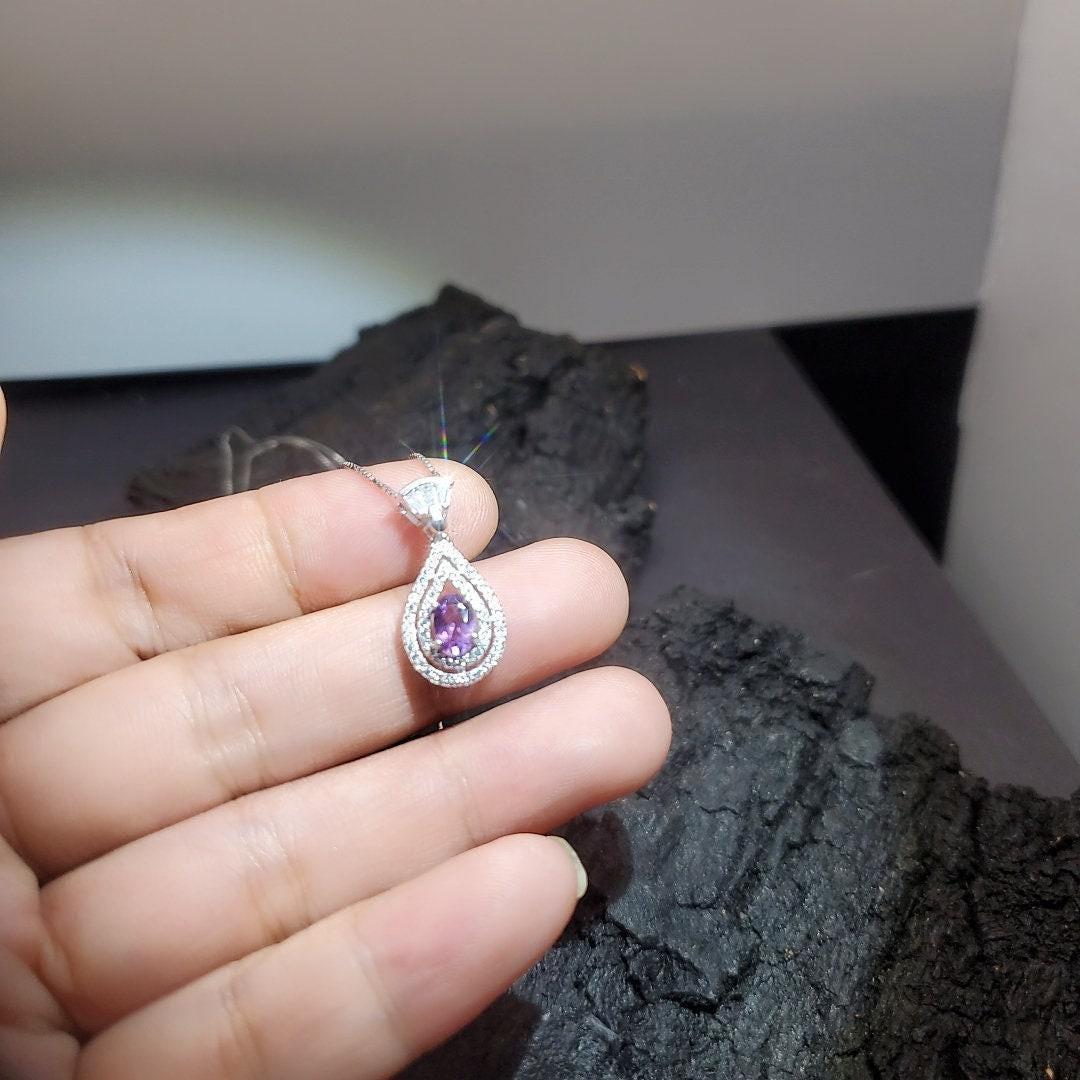 Tiny Natural Amethyst Necklace Sterling Silver Teardrop Halo Genuine Amethyst Jewelry #431