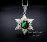 Diamond Star Emerald Necklace - 18KGP & Sterling Silver - Luxury 6 Point Star Pendant - Green Emerald Jewelry - Hexagram Celestial Art Deco