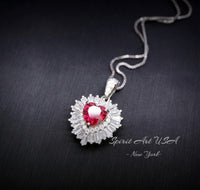 Double Halo Ruby Necklace - Red Ruby Heart Pendant - 18KGP @ Sterling Silver - Dainty Ruby Pendant - July Birthstone #268