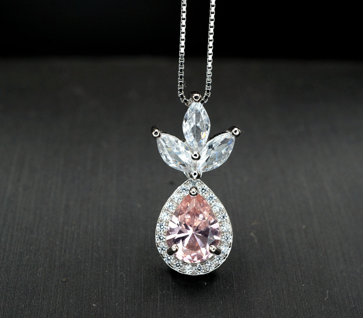 Morganite Necklace - Three Petal Style Morganite Pendant - 18KGP @ Sterling Silver #420