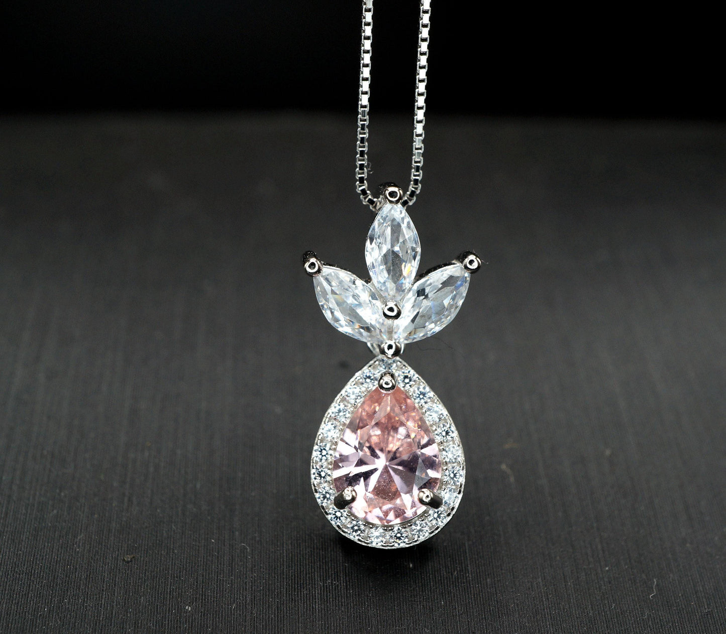 Morganite Necklace - Three Petal Style Morganite Pendant - 18KGP @ Sterling Silver #420