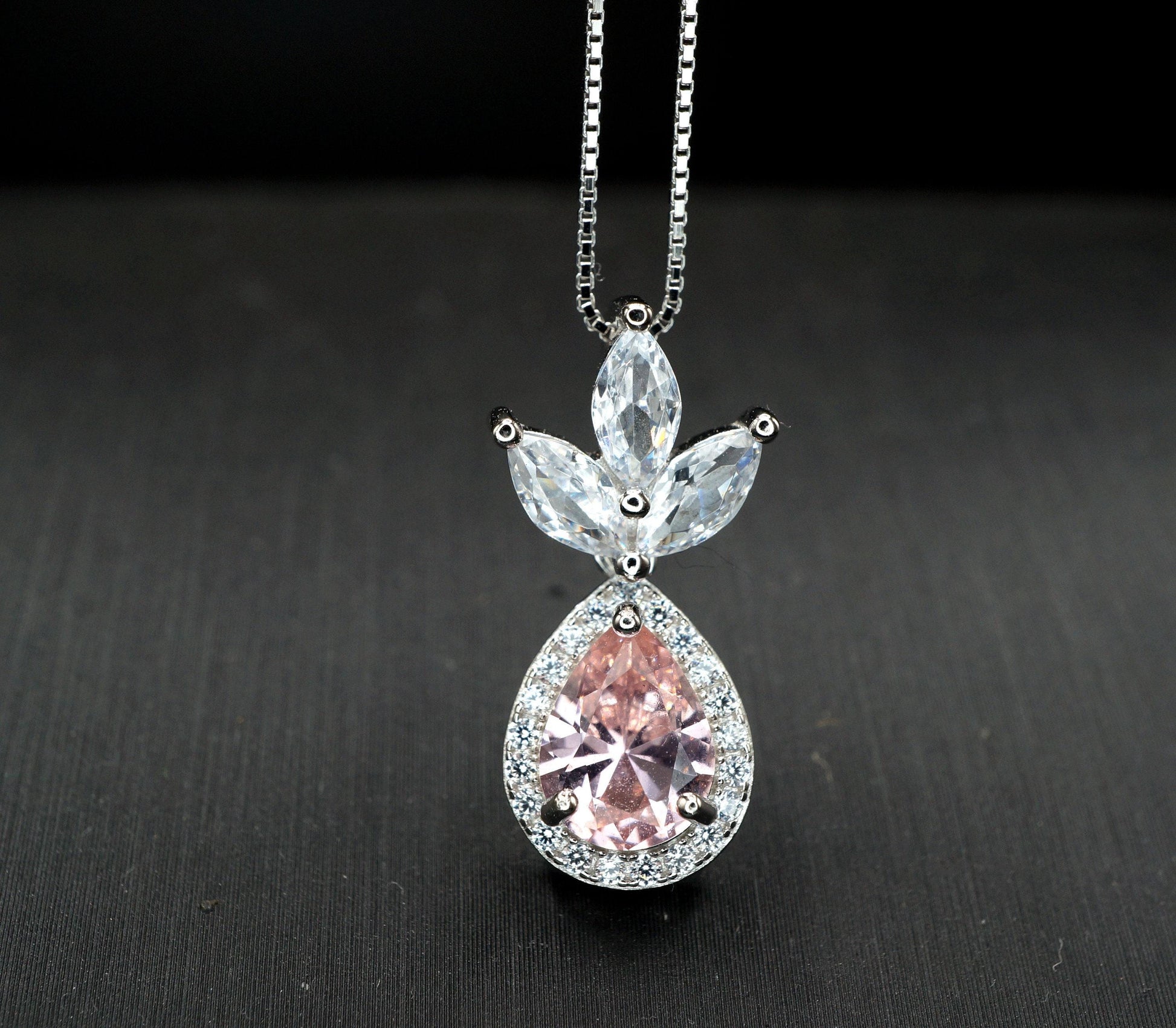 Morganite Necklace - Three Petal Style Morganite Pendant - 18KGP @ Sterling Silver #420