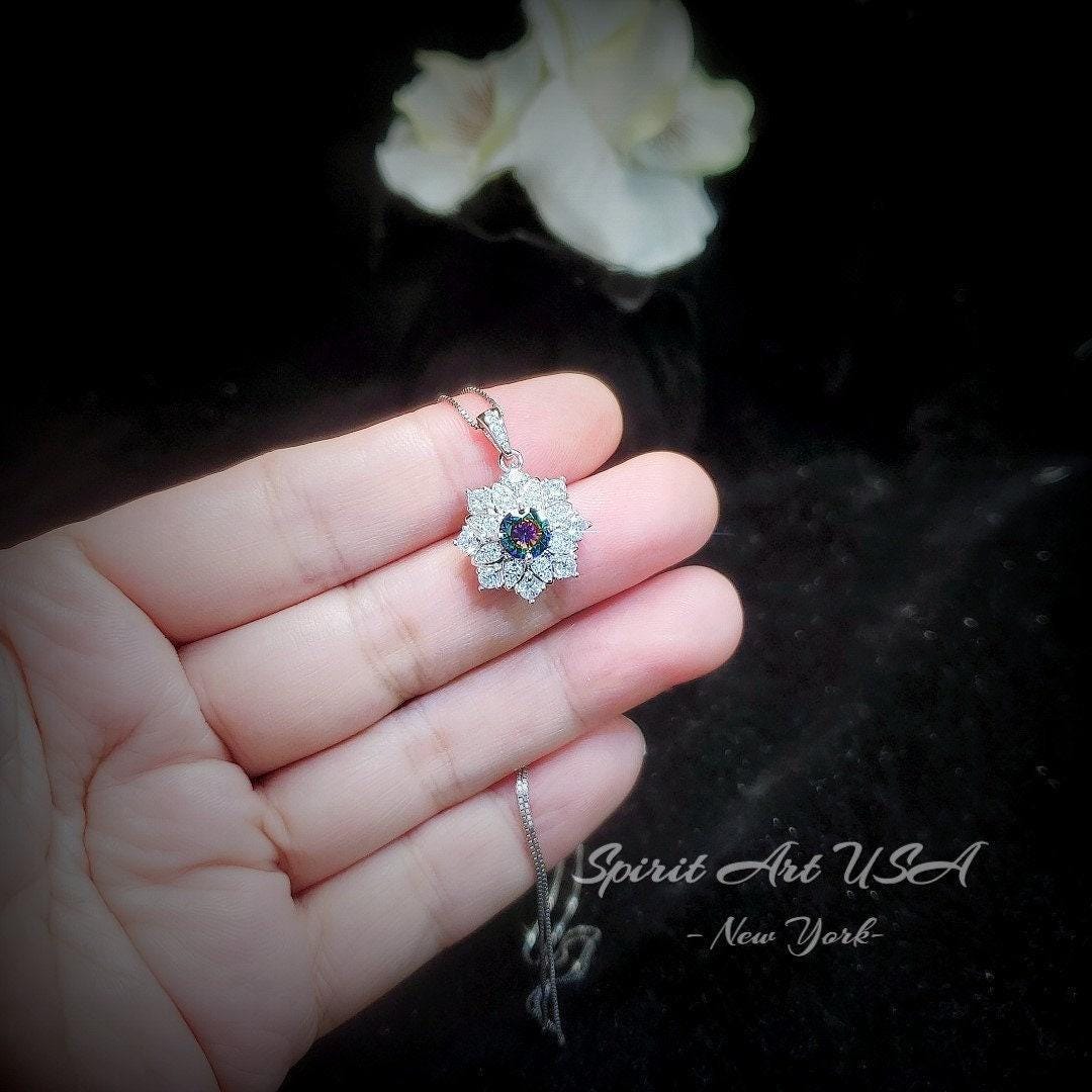 Mystic Topaz Necklace - Gemstone Snow Flower Pendant - Sterling Silver Round 6mm Mystic Topaz Pendant - 18KGP Double halo style #497