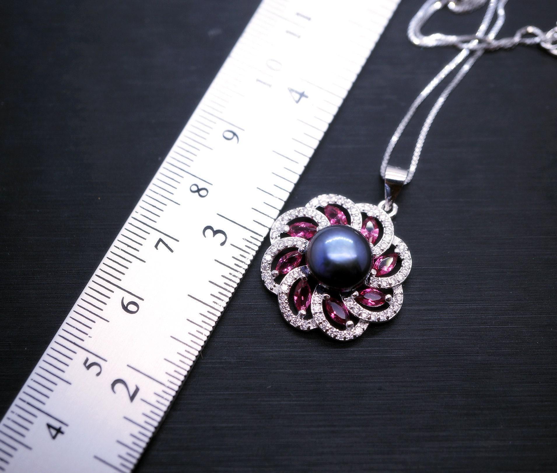 Black Pearl Necklace - Pink Tourmaline Pendant - Dainty Full Sterling Silver Natural South Sea Black Pearl - Single Pearl Necklace 1089