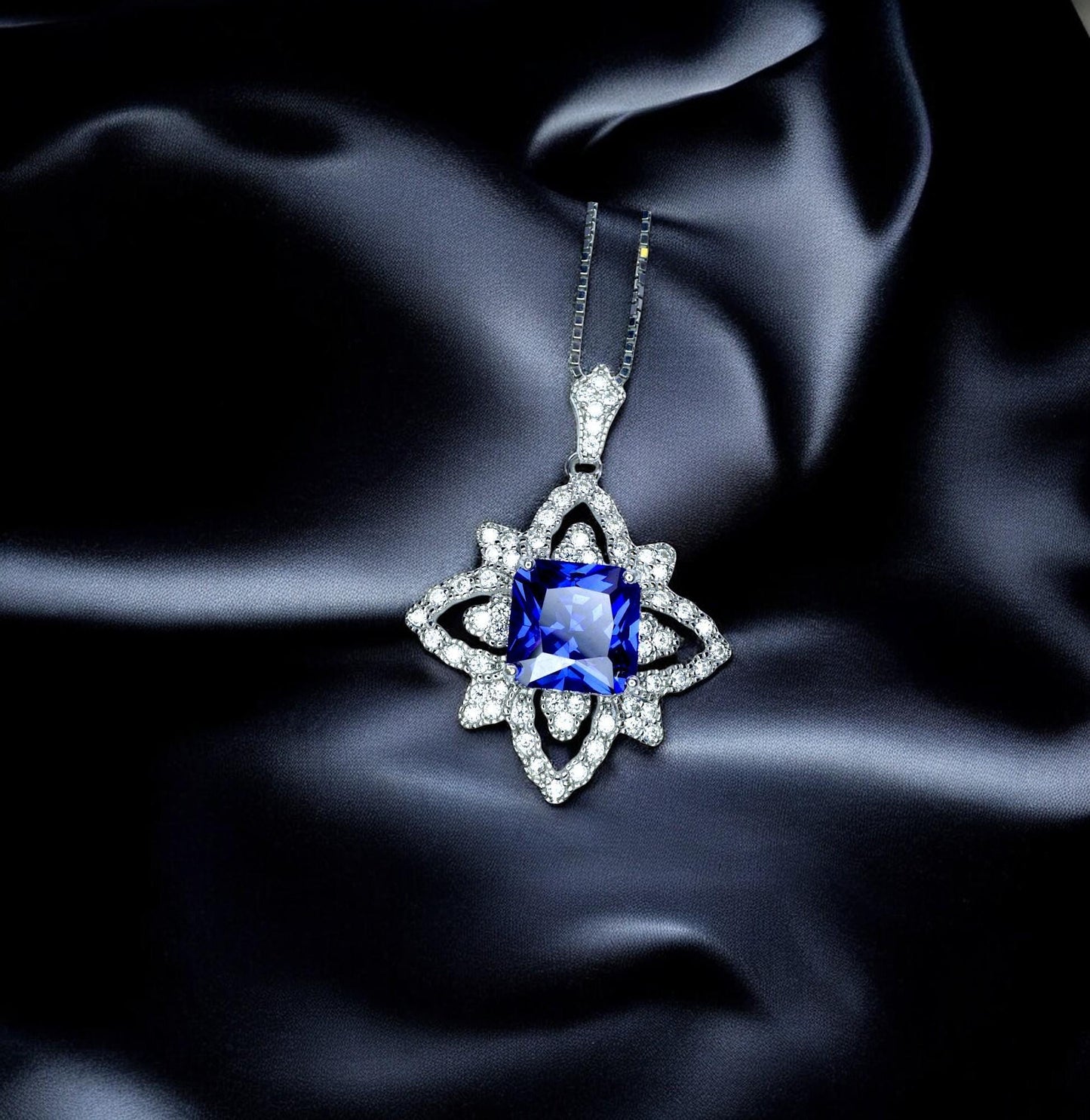 Square Blue Tanzanite Necklace - Gemstone Medal of Honor Flower Sterling Silver Star Celestial Jewelry #513