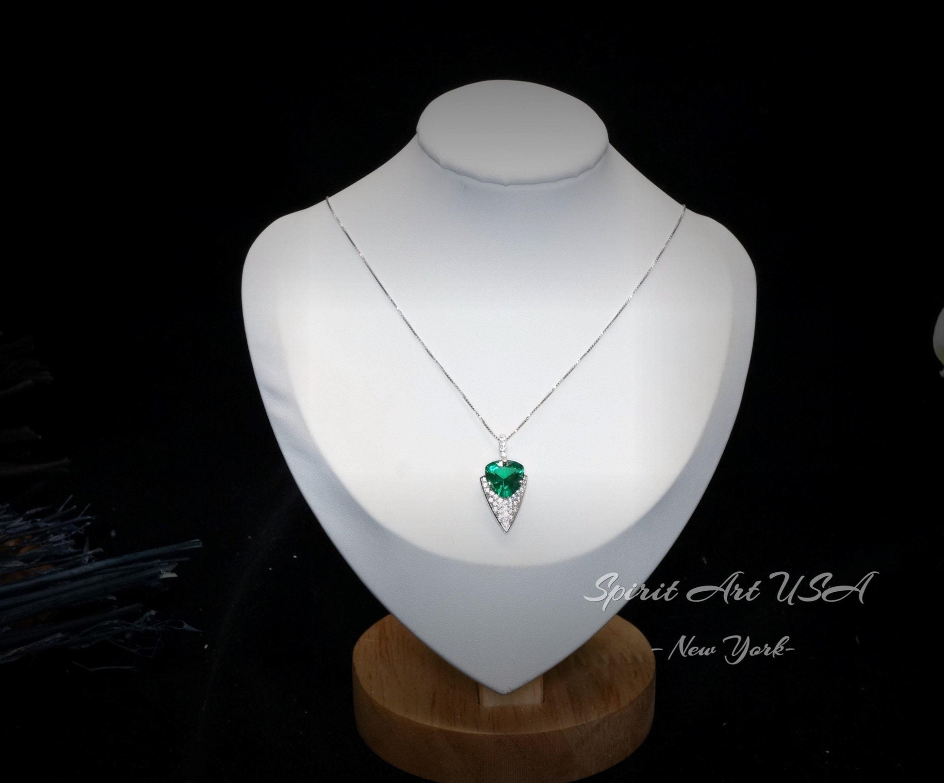Large Trillion Cut Emerald Necklace - 18KGP Sterling Silver - Protective Queen's Guard Sword - May Birthstone #763