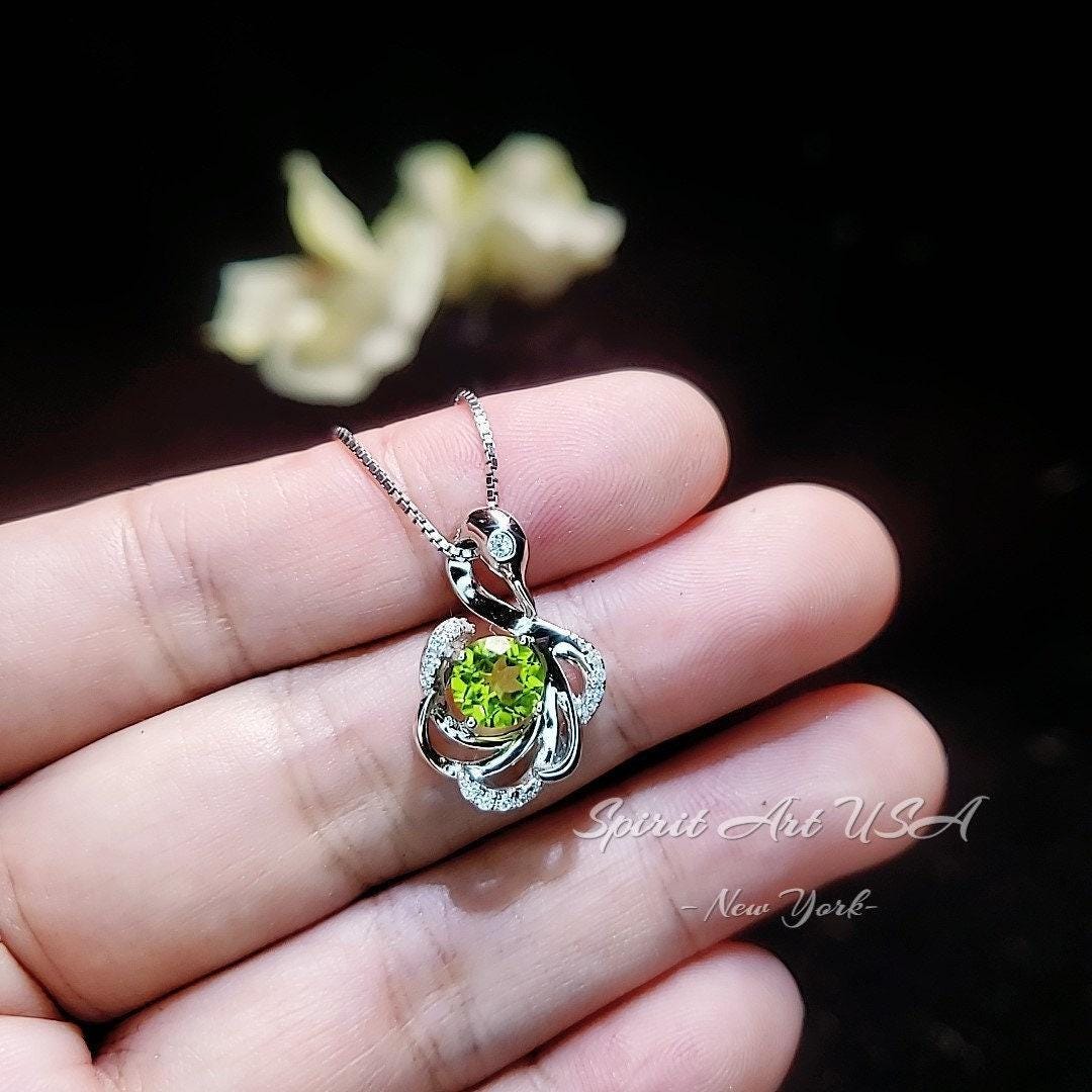 Genuine Peridot Sterling Silver Swan Necklace - Natural Green Peridot Pendant - 18KGP - August Birthstone #971