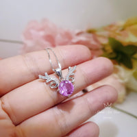 Deer Antler Pink Tourmaline Necklace - Sterling Silver 8mm Round Cut 2 Ct Pink Tourmaline Pendant #346