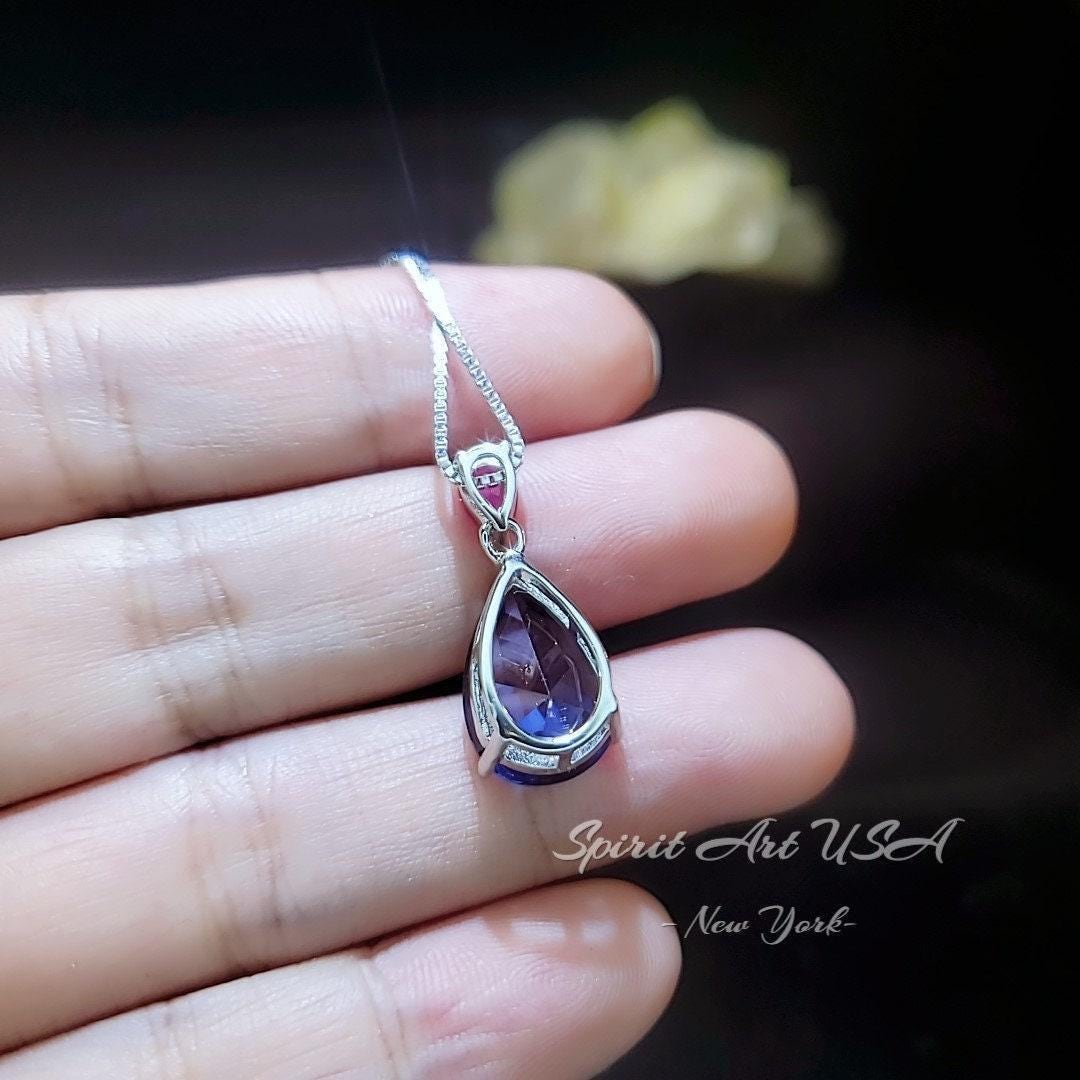 Large Teardrop Blue Sapphire Necklace - Pear Cut 7 CT Blue Sapphire Pendant 18KGP Sterling Silver - September Birthstone #858