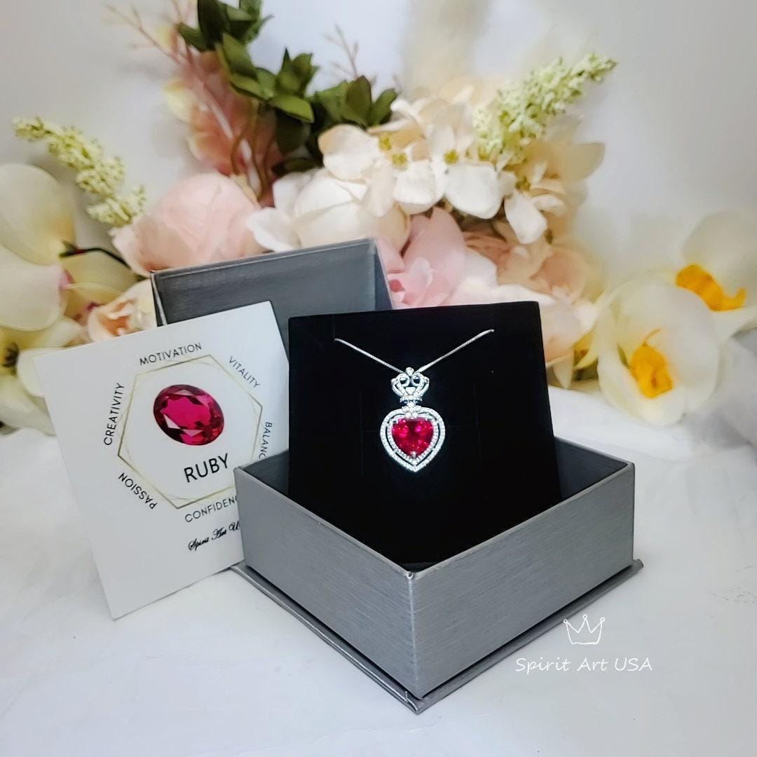 Large Halo Heart Ruby Necklace, Large Sterling Silver Royal Crown 7 CT Lab Created Red Ruby Pendant #811