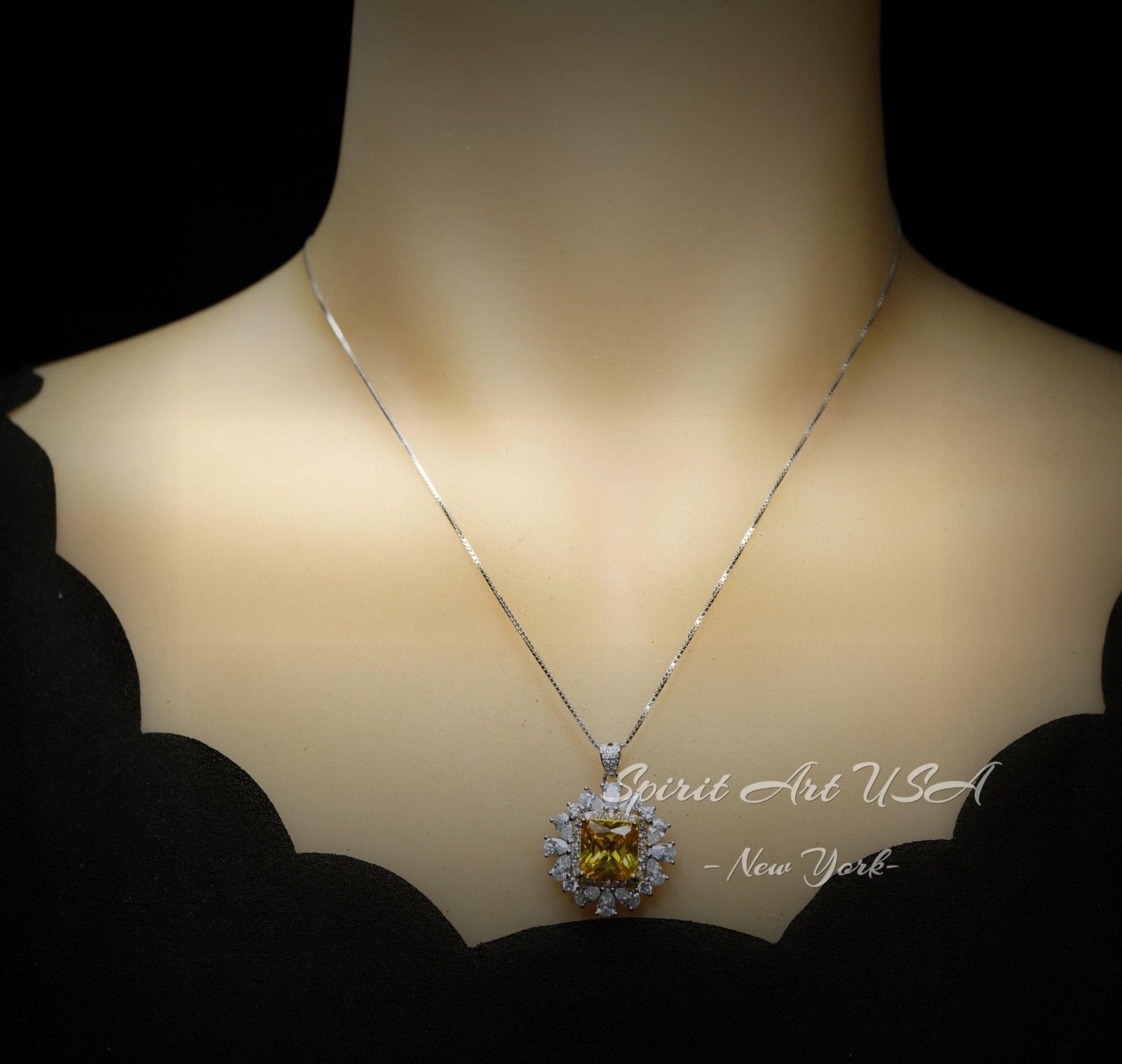 Yellow Moissanite Gemstone Necklace - Halo Square 7 CT Yellow Gemstone Pendant - November Birthstone-18KGP 925S #874