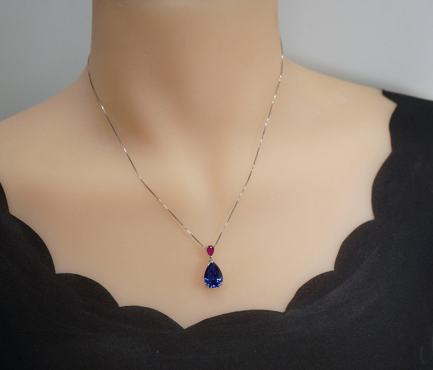 Large Teardrop Blue Sapphire Necklace - Pear Cut 7 CT Blue Sapphire Pendant 18KGP Sterling Silver - September Birthstone #858