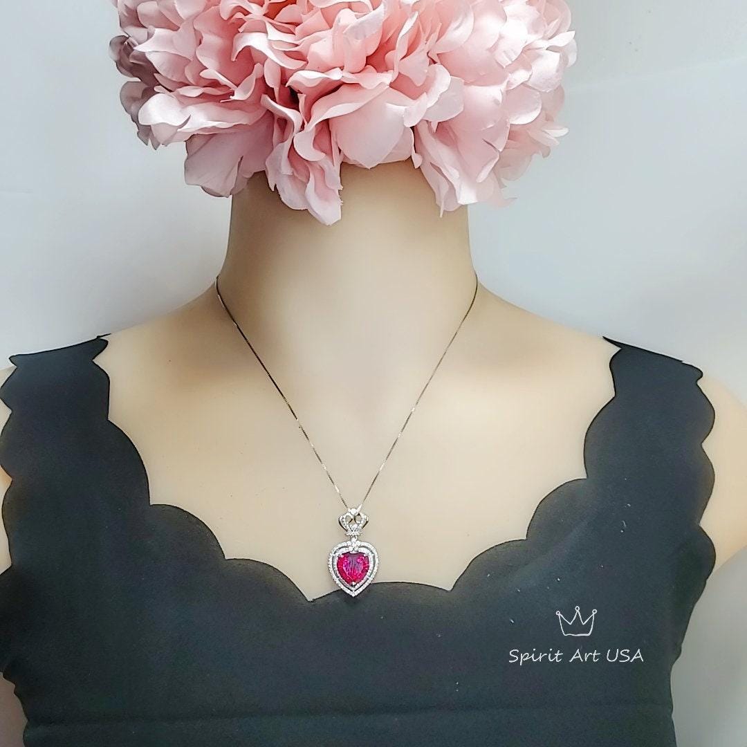 Large Halo Heart Ruby Necklace, Large Sterling Silver Royal Crown 7 CT Lab Created Red Ruby Pendant #811