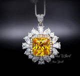 Yellow Moissanite Gemstone Necklace - Halo Square 7 CT Yellow Gemstone Pendant - November Birthstone-18KGP 925S #874