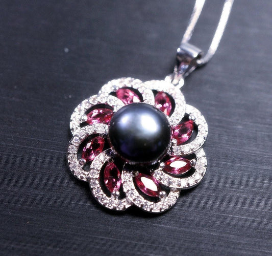 Black Pearl Necklace - Pink Tourmaline Pendant - Dainty Full Sterling Silver Natural South Sea Black Pearl - Single Pearl Necklace 1089
