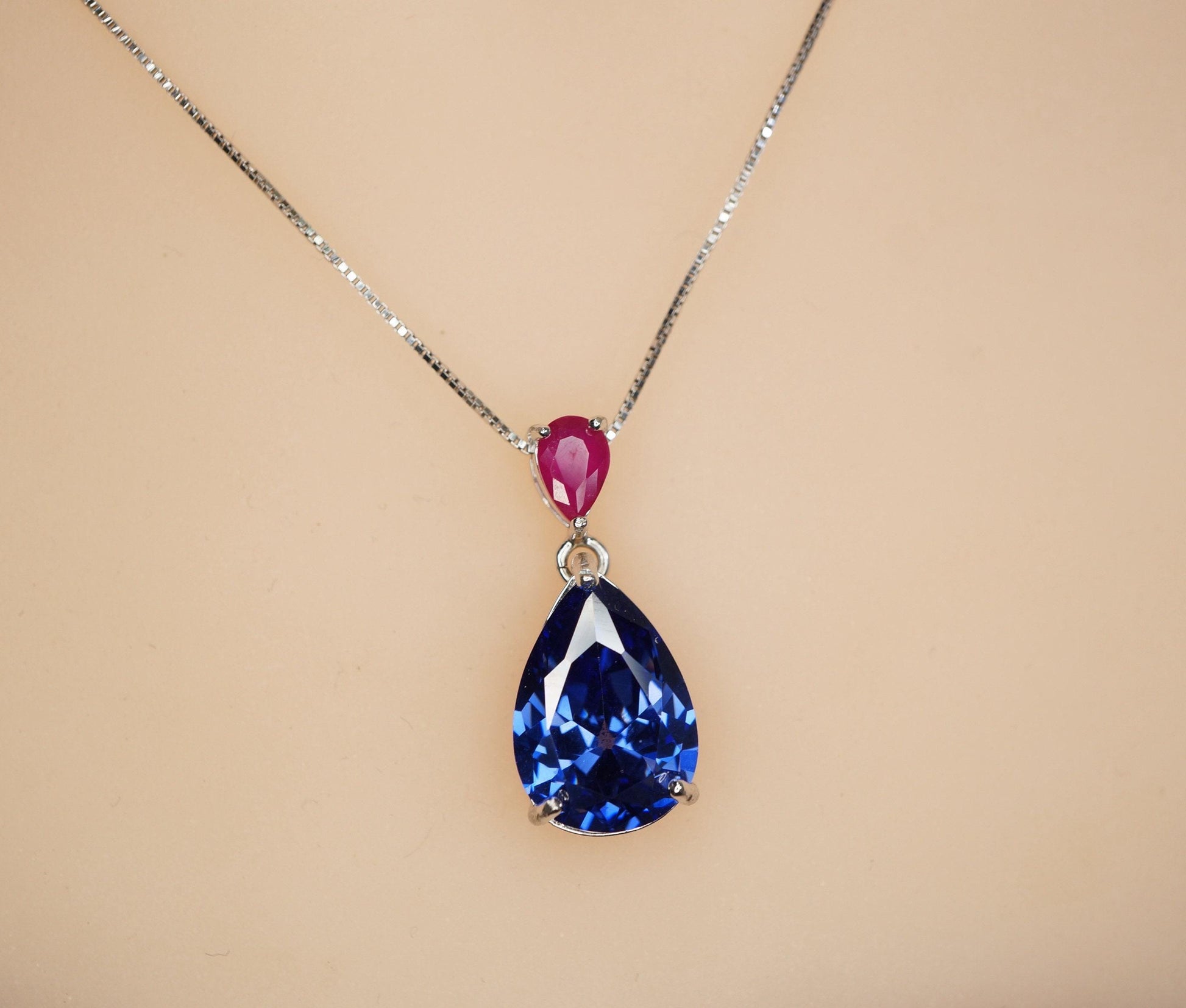 Large Teardrop Blue Sapphire Necklace - Pear Cut 7 CT Blue Sapphire Pendant 18KGP Sterling Silver - September Birthstone #858