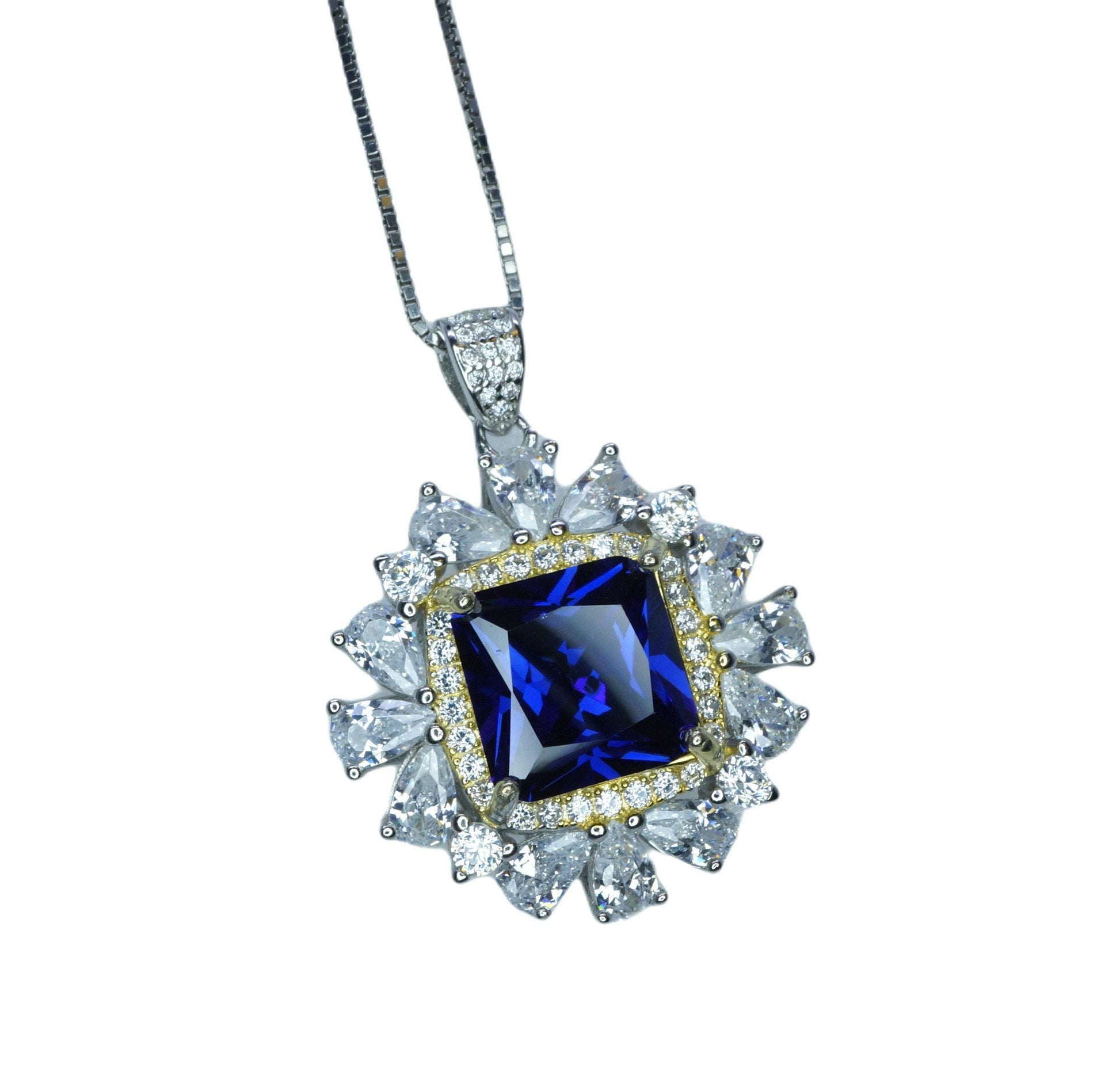Large Square Tanzanite Necklace - Gemstone Halo Square Sterling Silver 18KGP - 7 CT 10 MM Lab Created Tanzanite Jewelry #810