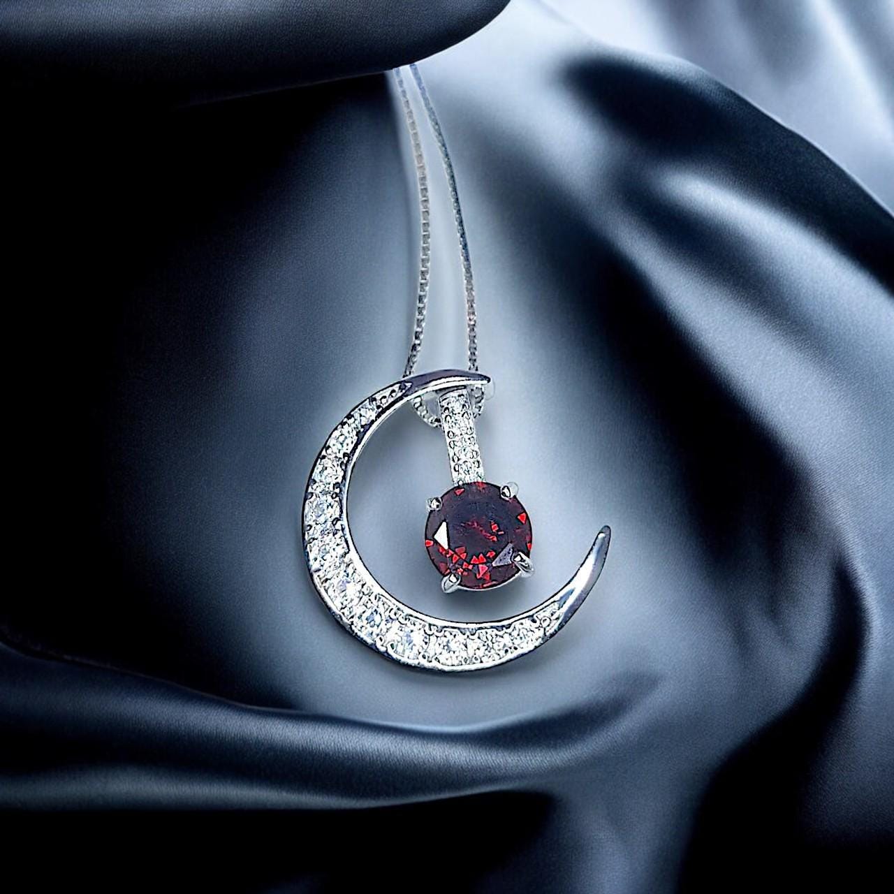 Crescent Moon red garnet Necklace full 925 Sterling Silver Two Pendant One Necklace January Birthstone chain #1122