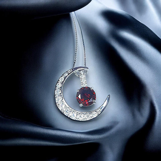 Crescent Moon red garnet Necklace full 925 Sterling Silver Two Pendant One Necklace January Birthstone chain #1122