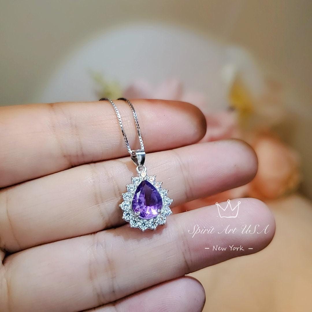 Tiny Genuine Amethyst Necklace - Sterling Silver Teardrop Gemstone 1.2 CT Amethyst Pendant February Birthstone - Halo Jewelry #357