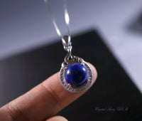 Lapis Lazuli Necklace - 18KGP @ Sterling Silver The Sacred Fire Flame Necklace Dainty Natural Blue Lapis Pendant - Round Halo Solitaire #343