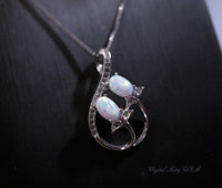 Opal Necklace - 18kGP @ Sterling Silver - Rose Gold - Created White Opal Necklace - Double Oval Opal Leaf Style #127