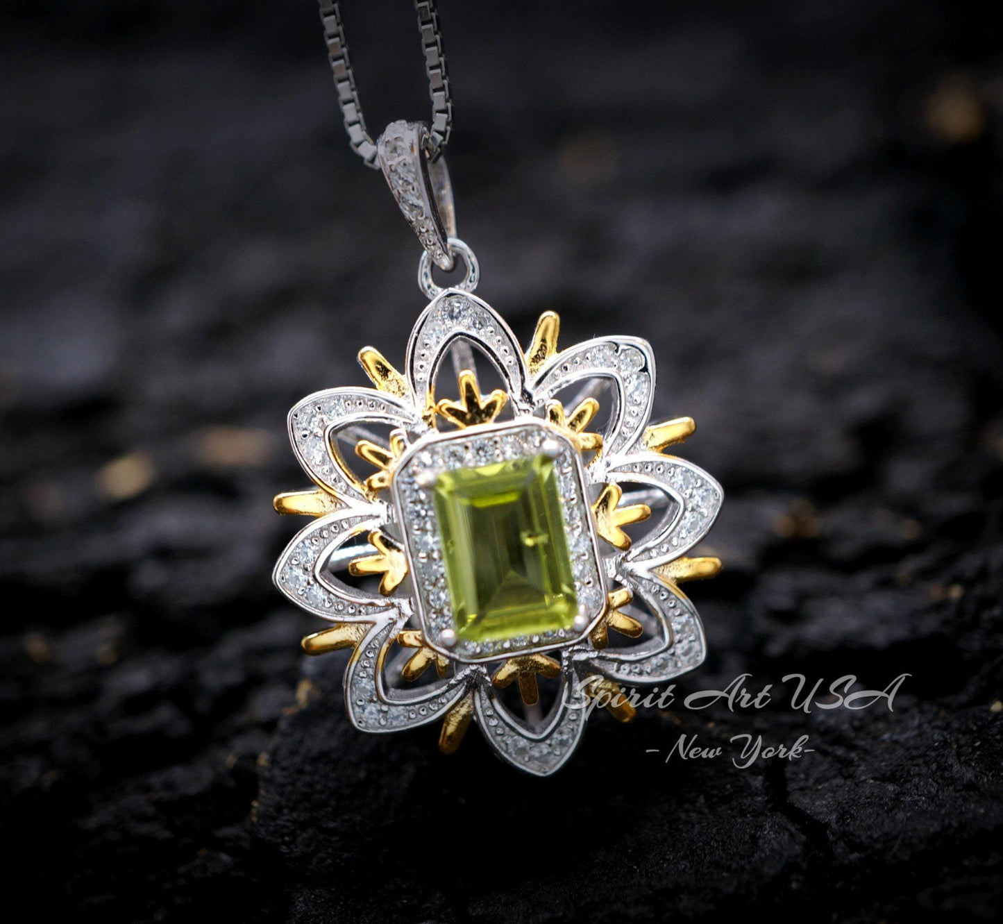 Spirit Flower Genuine Peridot Necklace White Gold coated Sterling Silver Gemstone Gold Rectangle Peridot Pendant Goddess Athena Jewelry #764