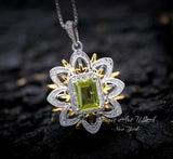 Spirit Flower Genuine Peridot Necklace White Gold coated Sterling Silver Gemstone Gold Rectangle Peridot Pendant Goddess Athena Jewelry #764