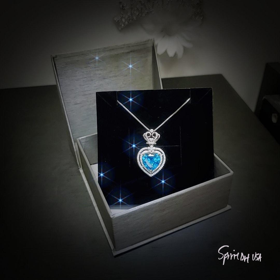 Large Blue Topaz Heart Necklace Full Sterling Silver Ocean Heart of the Ocean My Heart Will Go ON Topaz Pendant 1101