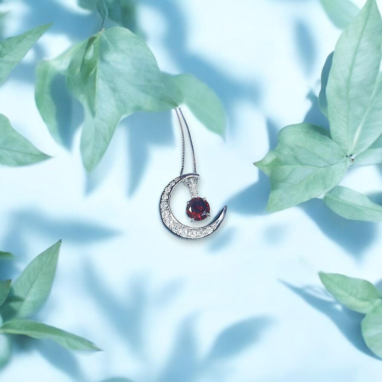 Crescent Moon red garnet Necklace full 925 Sterling Silver Two Pendant One Necklace January Birthstone chain #1122