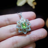 Spirit Flower Genuine Peridot Necklace White Gold coated Sterling Silver Gemstone Gold Rectangle Peridot Pendant Goddess Athena Jewelry #764