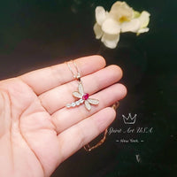 Dragonfly Ruby Necklace - Rose Gold Coated 925 Sterling Silver - July Birthstone oval cut red ruby 16" ~20" Adjustable Chain #337