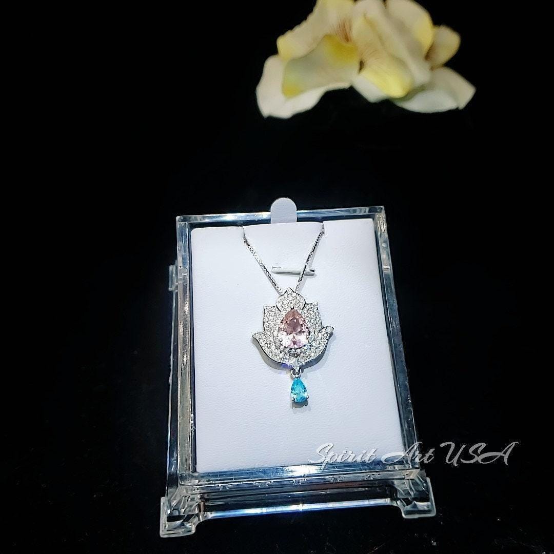 Pink Morganite Necklace Gemstone Lotus Flower Pendant Full Sterling Silver White Gold coated Teardrop Halo Large Pink Gemstone 3 CT #920