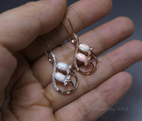 Opal Necklace - 18kGP @ Sterling Silver - Rose Gold - Created White Opal Necklace - Double Oval Opal Leaf Style #127