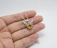Sterling Silver Round Citrine Necklace - Deer Antler Pendant - November Birthstone - Angel Wing Round Cut 2 CT Natural Citrine Jewelry #372
