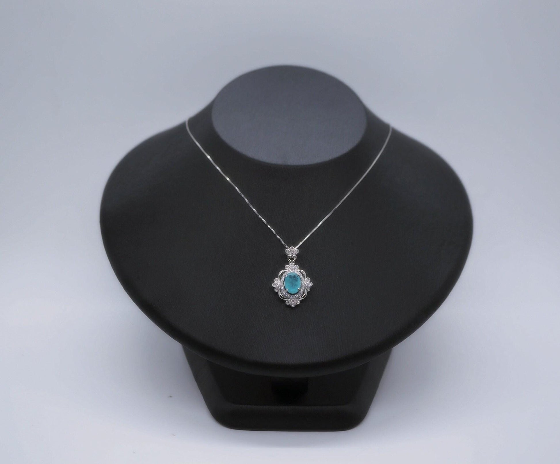 Paraiba Tourmaline Necklace - 18KGP @ Sterling Silver - Royal Flower Blue Gemstone Necklace - Green Paraiba Pendant #539