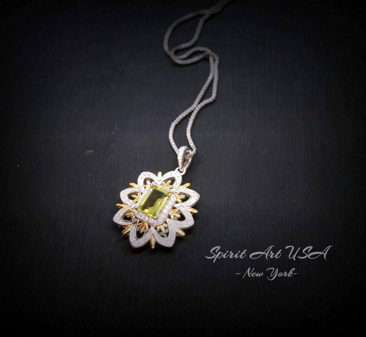 Spirit Flower Genuine Peridot Necklace White Gold coated Sterling Silver Gemstone Gold Rectangle Peridot Pendant Goddess Athena Jewelry #764