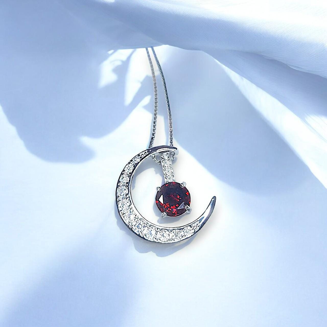 Crescent Moon red garnet Necklace full 925 Sterling Silver Two Pendant One Necklace January Birthstone chain #1122