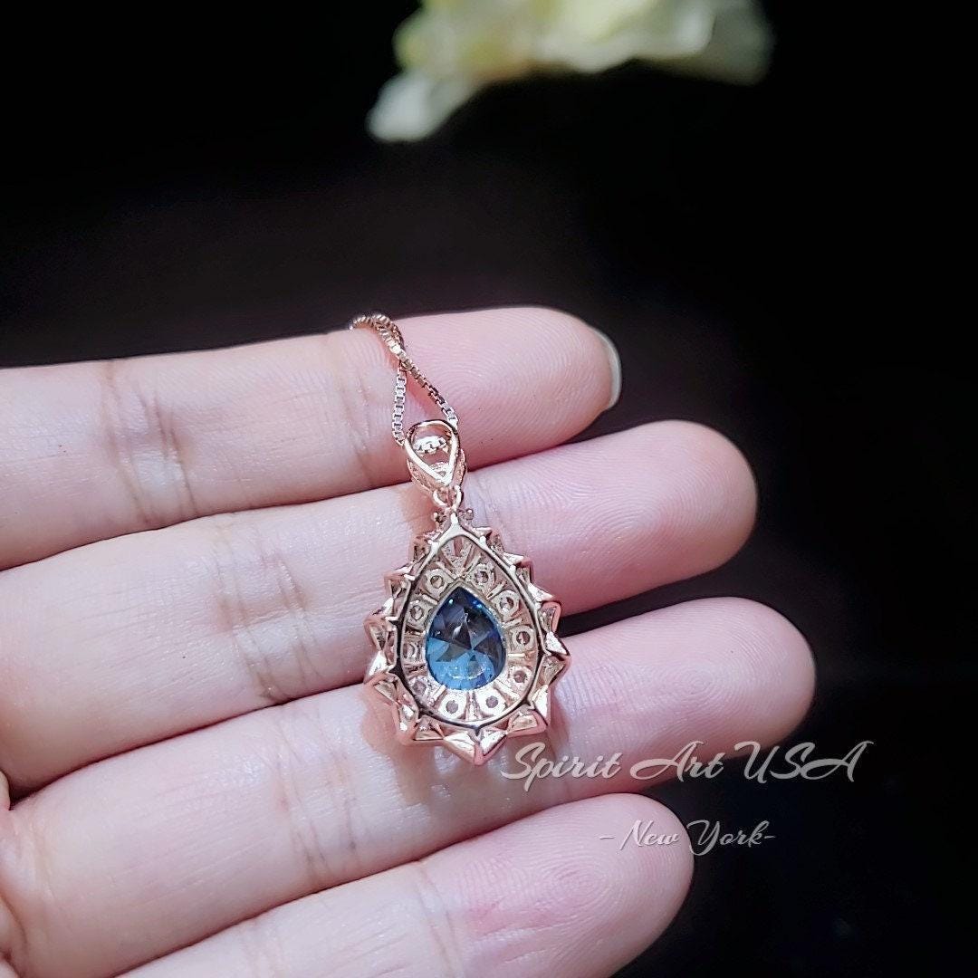 Teardrop Blue Topaz Necklace - Rose Gold Sterling Silver - 2.8 CT Double Halo Swiss Blue Topaz Pendant - Layered Lily Flower Jewelry #765