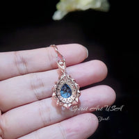 Teardrop Blue Topaz Necklace - Rose Gold Sterling Silver - 2.8 CT Double Halo Swiss Blue Topaz Pendant - Layered Lily Flower Jewelry #765