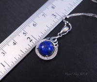 Lapis Lazuli Necklace - 18KGP @ Sterling Silver The Sacred Fire Flame Necklace Dainty Natural Blue Lapis Pendant - Round Halo Solitaire #343