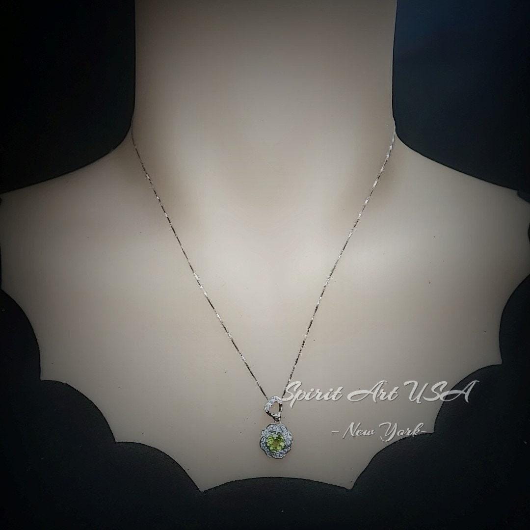 Genuine Peridot Necklace - Green Peridot Rose Flower Style - 18kgp Sterling Silver - Dainty Natural Green Peridot Pendant #454
