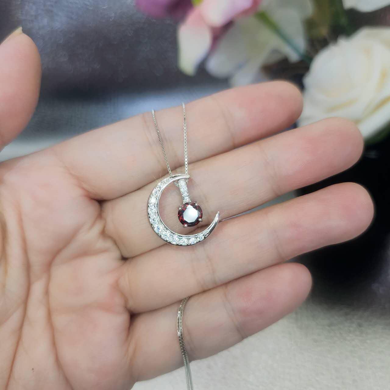 Crescent Moon red garnet Necklace full 925 Sterling Silver Two Pendant One Necklace January Birthstone chain #1122