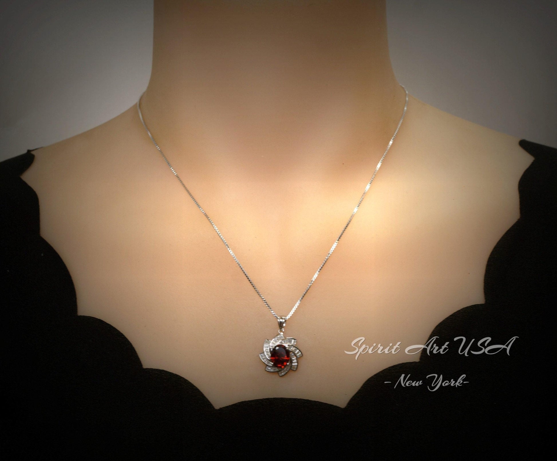 Large Garnet Spiral Necklace Gold coat Sterling Silver Gemstone Milky Way Spiral Galaxy Energy Vortexes Windmill Garnet Pendant 2.8 CT #854