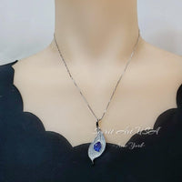 Gemstone Leaf Blue Sapphire Necklace White Gold coated Full Sterling Silver - Large Single 3 CT Teardrop Blue Sapphire Gemstone Jewelry #907